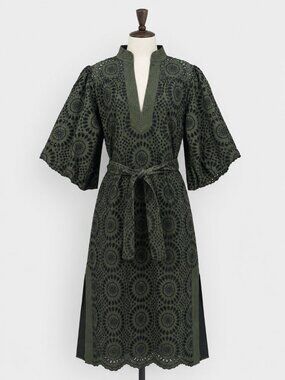 Figue‎ Dress Medium Green Embroidered Kaftan Eyelet Kimono Danya Belted Boho